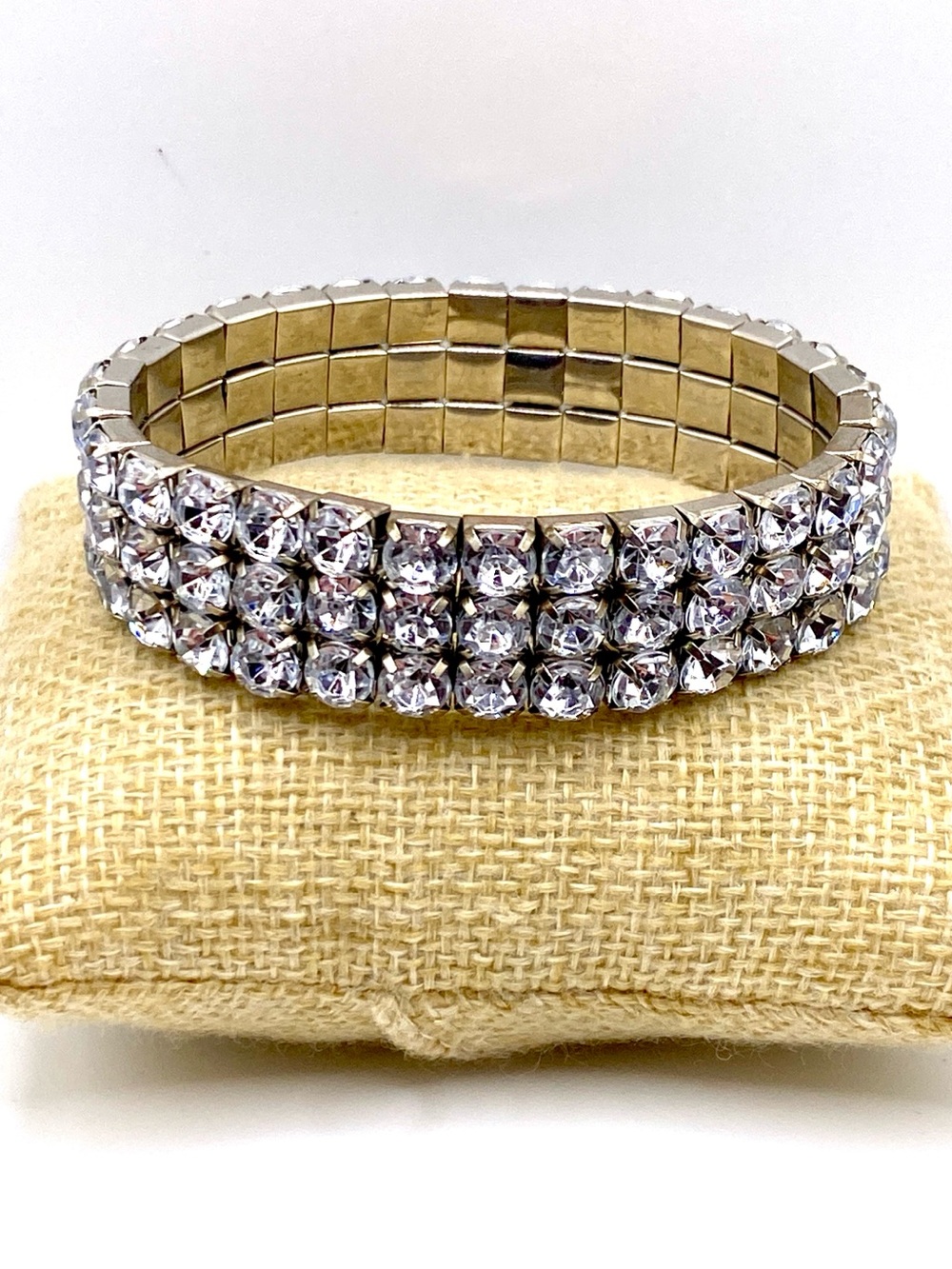 Vintage Silver Tone Triple Row Clear Rhinestone Stretch Cuff Bracelet Wedding